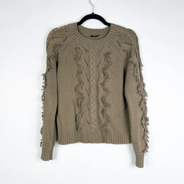 Rails Francis Cable Knit Fringe Sweater Olive Green XS Pullover‎ Crew Neck - Image 2