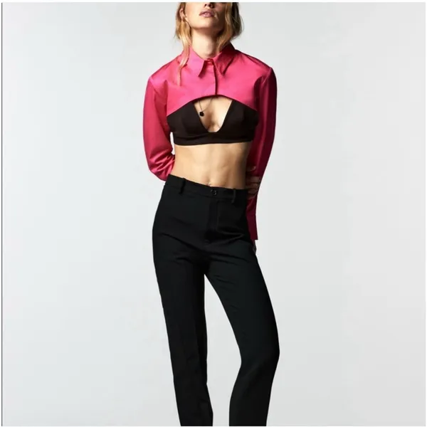 ZARA NWT POPLIN LONG SLEEVES‎ CROP TOP FUCHSIA Shirt 4886/253 M - Image 3