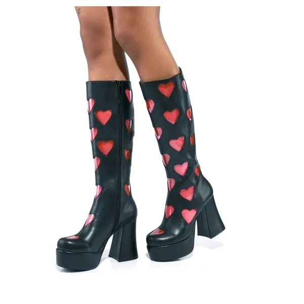 Dolls Kill Sugar Thrillz Heart Platform Boots Womens 6 Black Pink Y2K Cyber Rave - Image 2