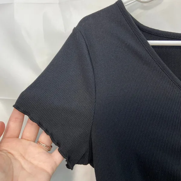 One Step Up women's black ribbed stretch short sleeve tie ruched casual blouse M - Image 2