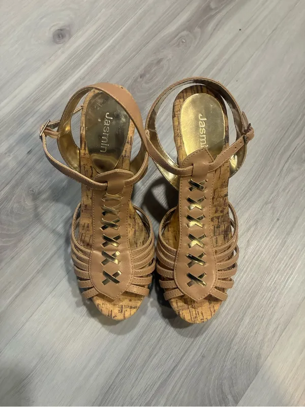Women’s Tan‎ Wedge Sandals with Decorative Cross-Strap Detail - Image 2