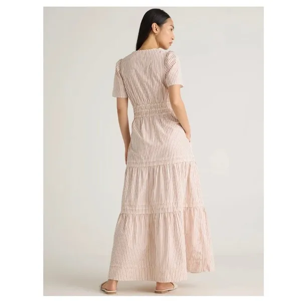 Quince 100% Organic Cotton Poplin Tiered Maxi Dress Terracotta Stripe Small - Image 3