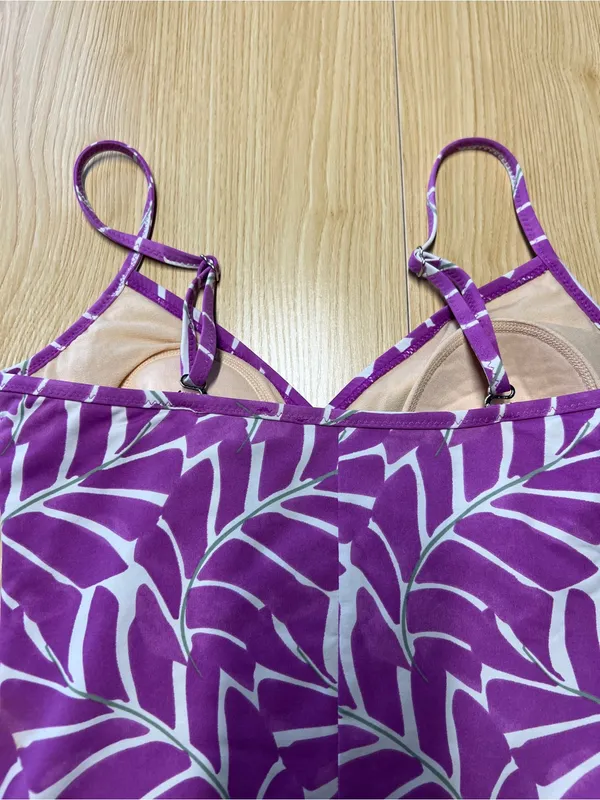 Garnet Hill Purple Tropical Leaf Ruched One Piece Swimsuit Size 6 - Image 9