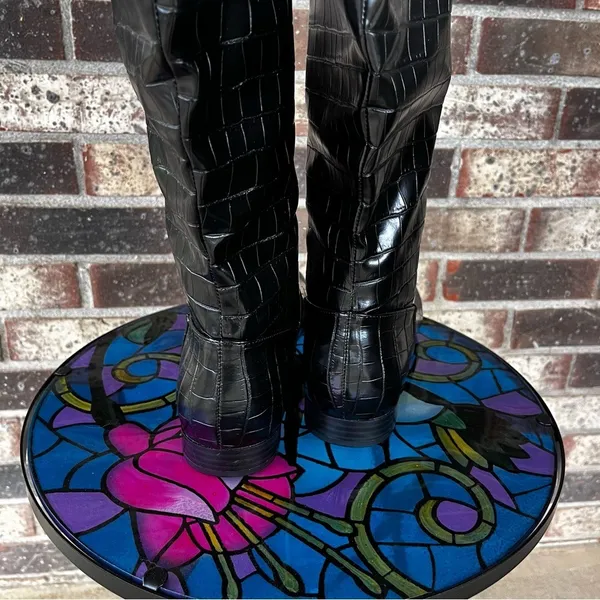 Tall Boots Women 8.5 Black Croc Embossed Pointed Toe‎ Knee High Low Heel NWOT - Image 3