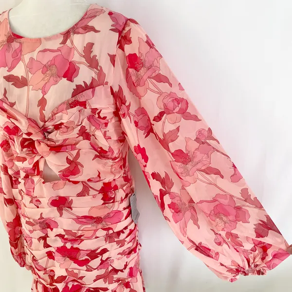 New Floral Print Twist Keyhole Front Long Sleeve Dress Pink Size XL - Image 11