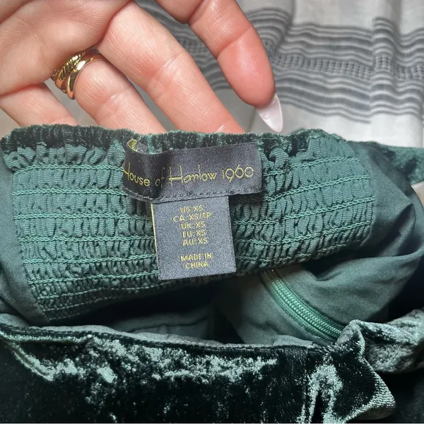 House of Harlow Mini Dress XS Dark‎ Green Coquette Velvet Bow Shoulder Cocktail - Image 3