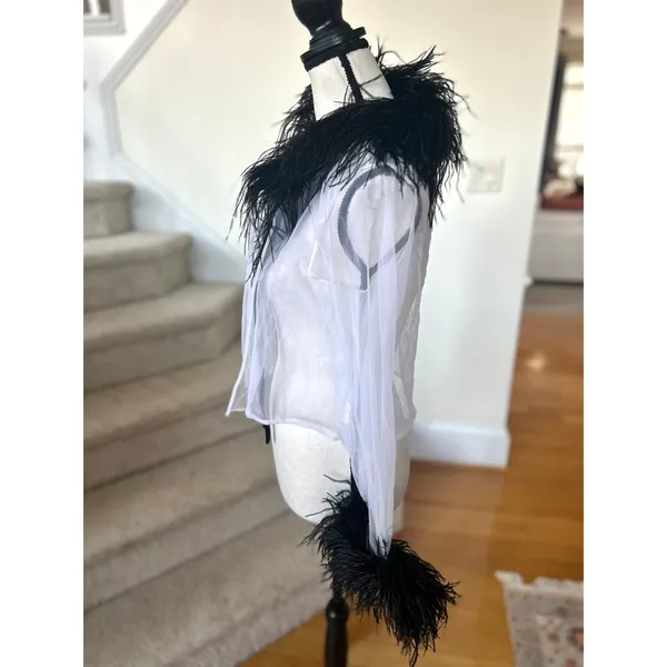 Y2K White Sheer & Black Feather Trim Tie Cardigan Cher Clueless Whimsygoth - Image 3