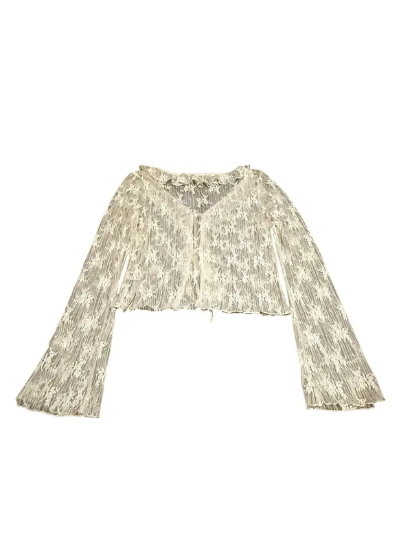 Women’s Ivory Lace Ruffle Blouse Flare Sleeve Tie Front Festival Feminine - Image 5