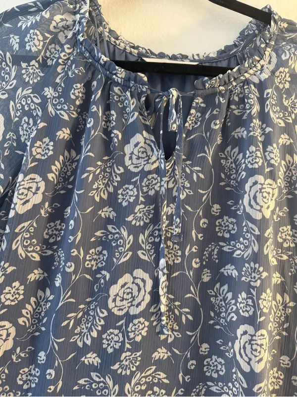 LC Lauren Conrad Blue Floral Tie-Neck Blouse - Image 2