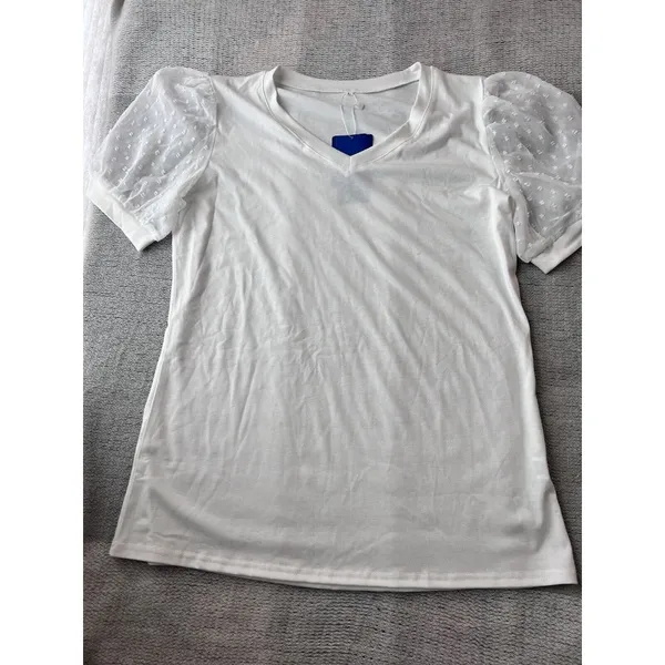 V Neck Short‎ Sleeve Puff Sleeve White Blouse Womans L Casual Loose Shirts - Image 4