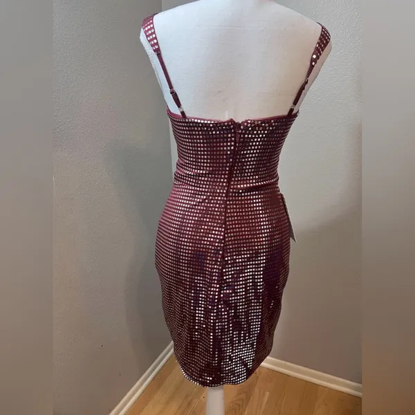 #730 Burgundy & Silver Square Sequins Mini BodyCon Dress - Size 0 (XS) - Image 2