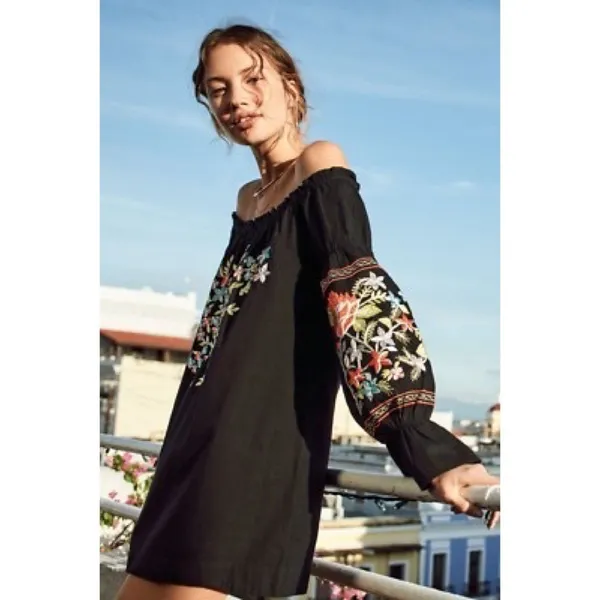 FREE PEOPLE Fleur Du Jour Mini Dress Black Floral Embroidered Off Shoulder Small - Image 15