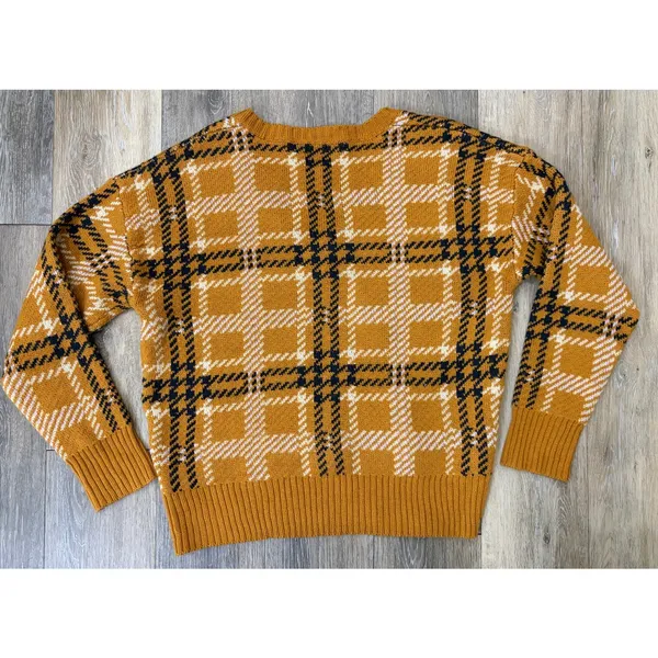 ASTR The Label Plaid Knit Sweater Mustard Brown V Neck Cropped Women’s Medium - Image 2