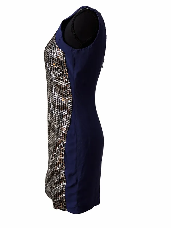 UK French Connection Navy & Silver Sequin Sleeveless Party Dress Size: 2‎ - Image 3