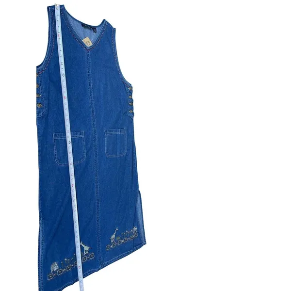 VTG 90s M.P.H. Blues Denim Jumper Dress L Embroidered Animals Safari Pockets NWT - Image 9