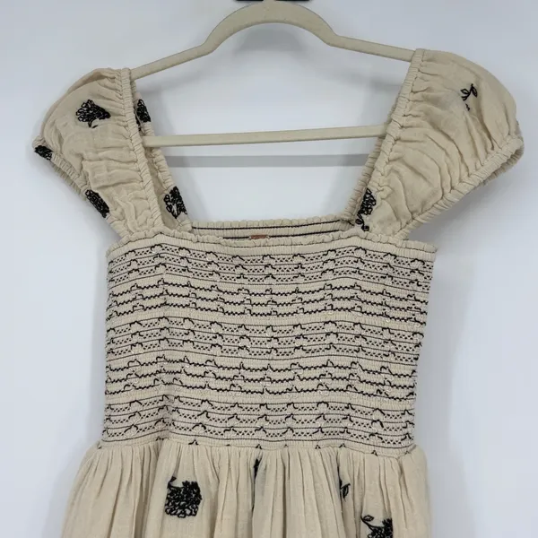 Free People Tory Embroidered Mini Dress XS Tea Combo Smocked Puff Sleeve - Image 3