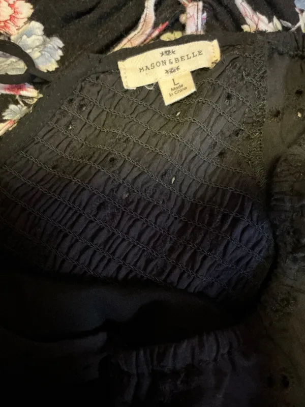 Mason & Belle Black Smocked Puff Sleeve Top Lace Up Back Crop Blouse Size L - Image 2