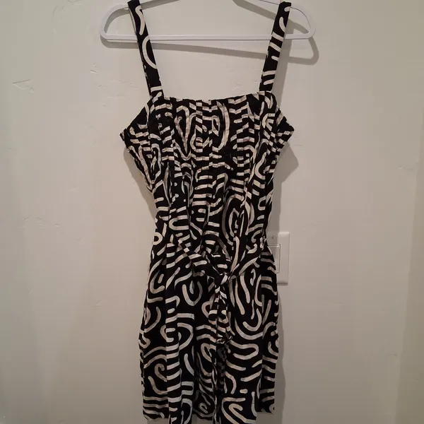 Banana Republic Factory Linen Blend Mini Dress Abstract Black/Beige sz M Pockets - Image 2
