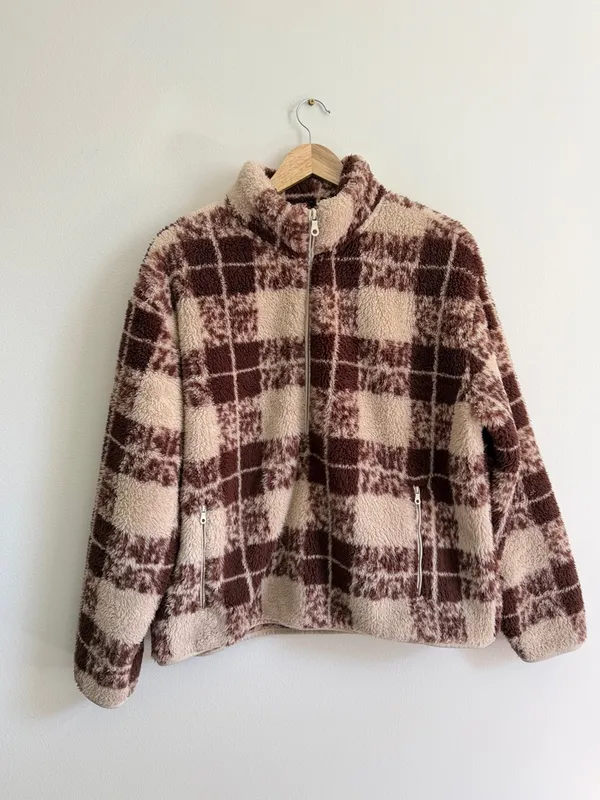 OFFLINE by Aerie Plaid Sherpa Fleece Quarter Zip Pullover Sweater Size Large Tan - Image 2