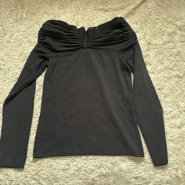 Vintage Cabo S Off the Shoulder Black Stretch Knit Sweater Long Sleeve Beaded - Image 6
