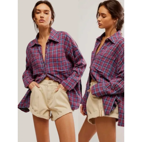 Free People Oversized Bohemian Grunge Cardiff Plaid Swing Top Shirt Small Preppy - Image 2