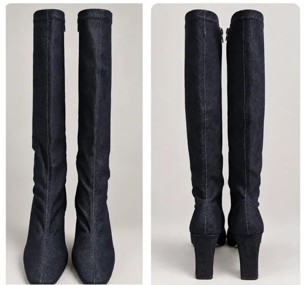 Knee High dark navy denim heeled boots Blue Size 8.5 - Image 4