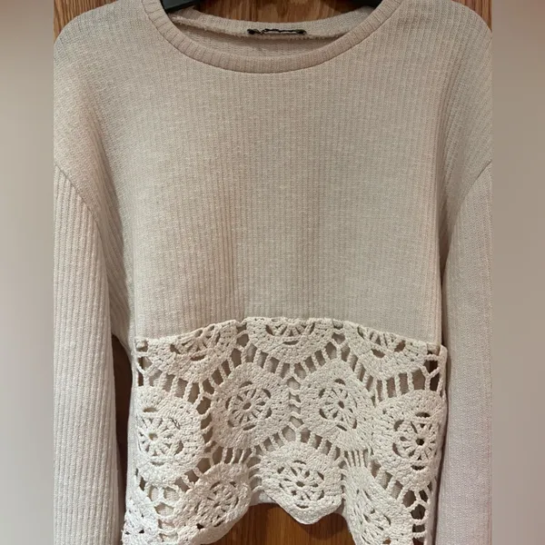 ZARA Beige Ecru Crocheted‎ Long Sleeve Sweater Sweatshirt Top Shirt Size Small - Image 10