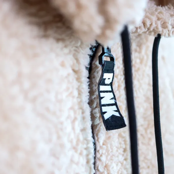 PINK Victoria's Secret Sherpa Teddy‎ Fleece Hoodie XS Beige Quarter Zip Pullover - Image 3