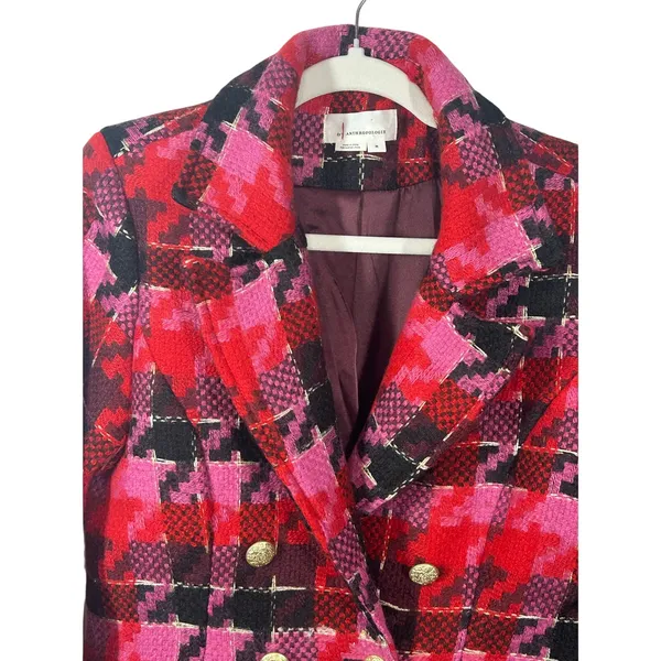 Anthropologie Exploded Plaid Tweed Blazer Medium Red Pink Gold Button Jacket - Image 10