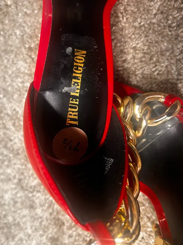 True Religion Elegant RedPatent High Heel Sandals w/Gold Chain Accents free gift - Image 13