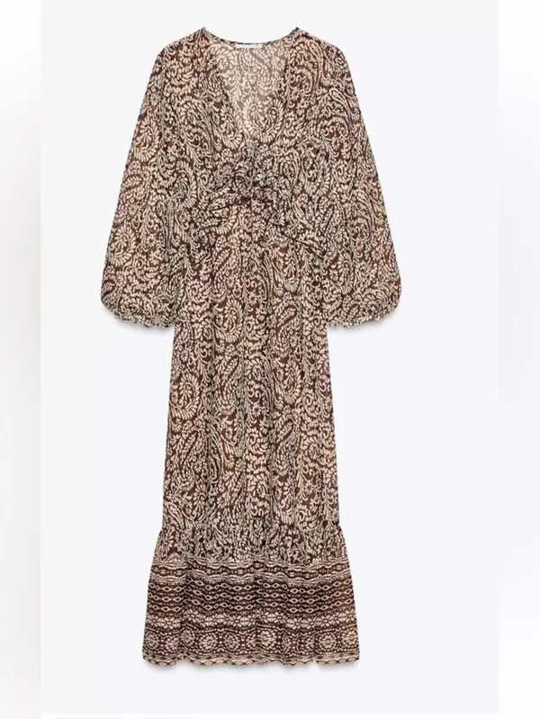 Zara Brown and Cream Paisley Maxi Dress with Puff Sleeves - Image 2
