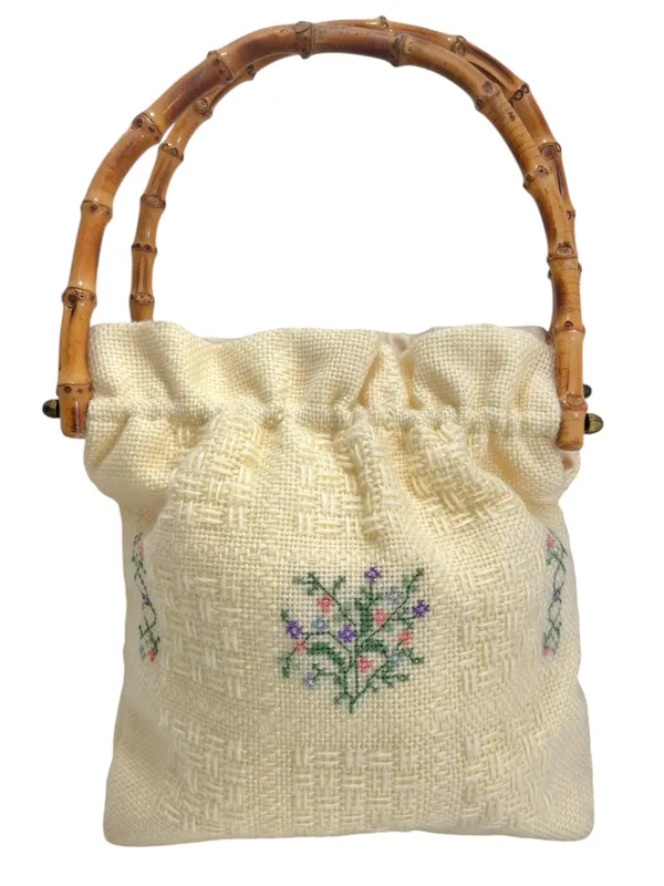 Vintage Monogram “S” Embroidered Cross Stitch Bamboo Handle Cottagecore Bag - Image 2