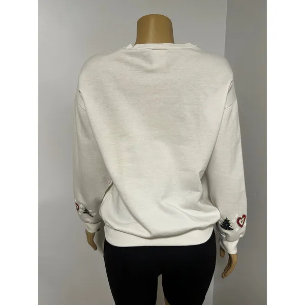 Vintage 90s NutCracker Christmas Sweatshirt White Reindeer Poinsettia Glitter M - Image 5