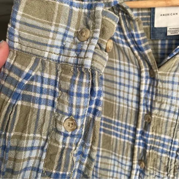 American Eagle Linen Blend Plaid Crop Button Down Shirt - Image 2