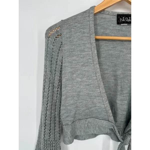 Y2K Vintage Hot Shot Grey Cardigan Tie Sweater Shrug Crochet Bell Sleeve Women M - Image 2