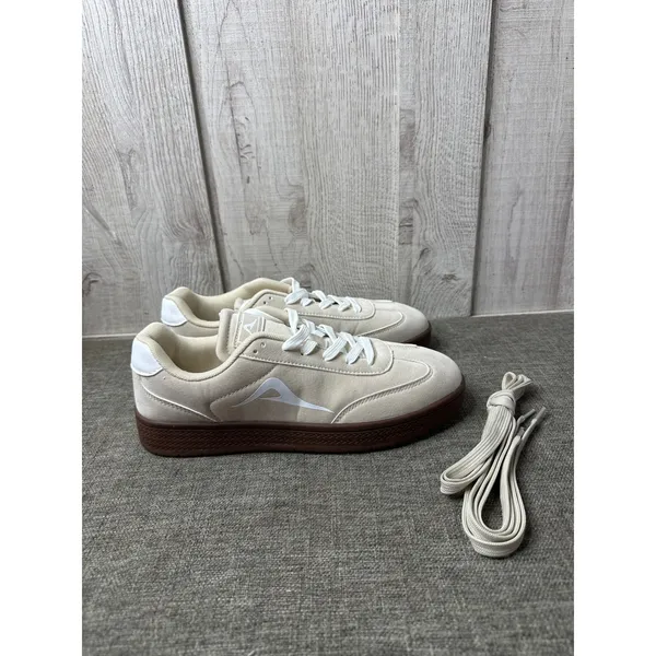 Womens Size 10.5 Beige Faux Suede Low Top Lace Up Sneakers Brown Gum Sole Shoes - Image 2