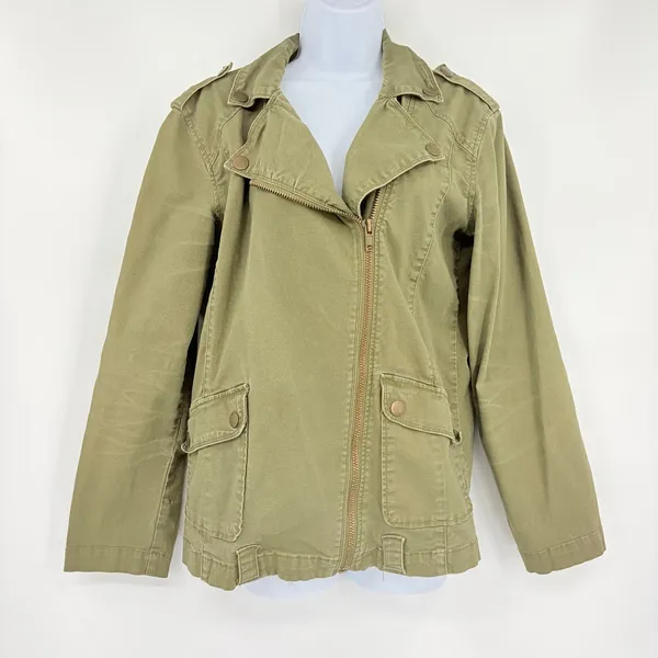 Y2K Forever 21 Canvas Utility Coat Sz S Olive Grunge Military Indie Sleaze Zip - Image 2
