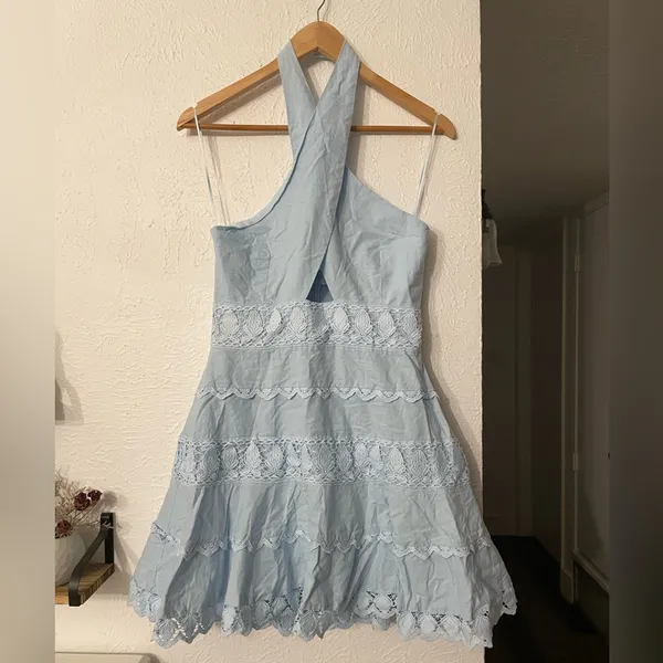 HALTER NECK LACE linen-cotton blend TRIM DRESS Size Medium - Image 3