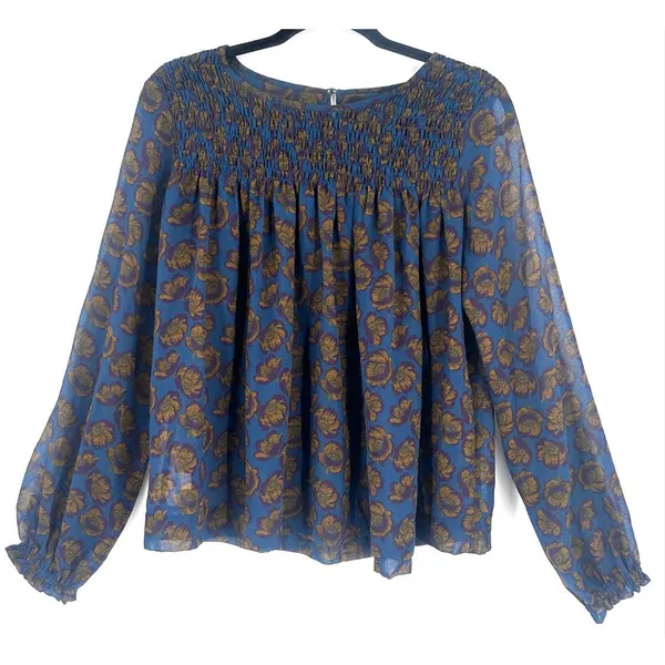 LOFT XS Floral Smocked Blouse Blue Mustard Purple Yoke‎ Keyhole EUC Flowy Fall - Image 9
