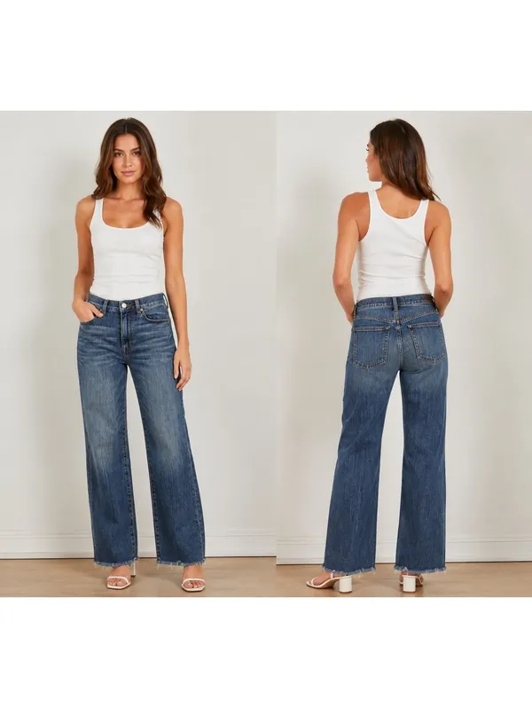AYR $225 The Bomb Pop Women's W26 Blue Denim Jeans Med Wash Raw Hem Straight Leg - Image 2