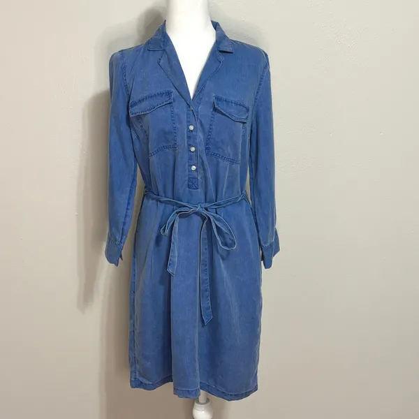 Old Navy Shirt Dress Blue Fortune Tencel Lyocell Utility Tie Waist Work CasualS - Image 2