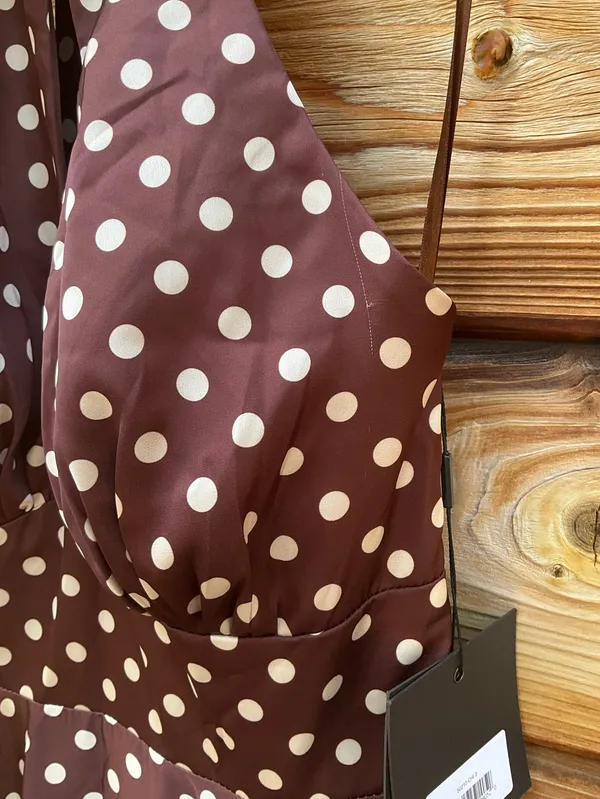 IEENA FOR MAC DUGGAL Size 2 Brown Polka Dot A-Line Halter Gown Rosette FLAWS - Image 11