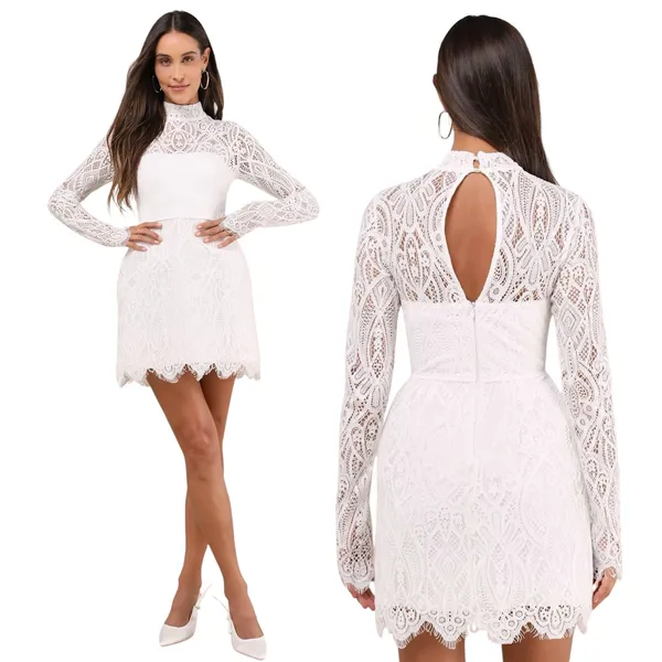 Lulus Gorgeous Attraction White Lace Structured Long Sleeve Mini Dress size S - Image 2