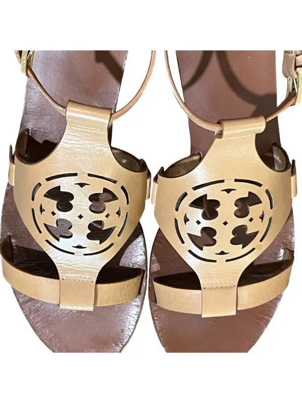 Tory Burch Zoey 10MM Sandals Women 8.5 Sand Tan Leather Cutout Ankle Strap Used - Image 16