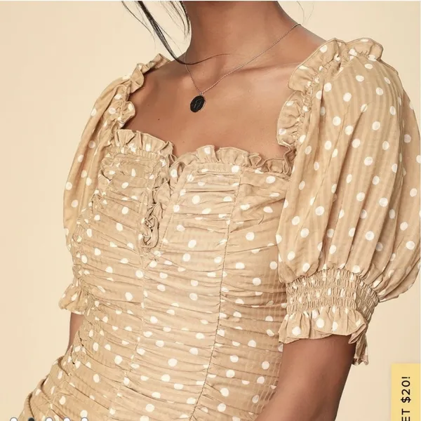 Finders Keepers Mini Dress Womens S Tan Polka Dot Ruched Puff Sleeve‎ Bodycon - Image 3