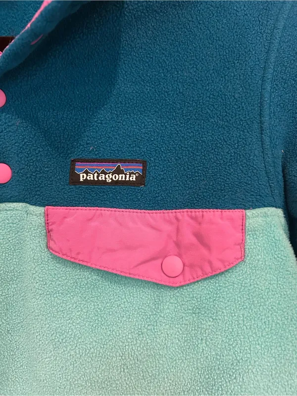 Patagonia Teal & Aqua Fleece Snap Pullover with Pink Trim - Image 2