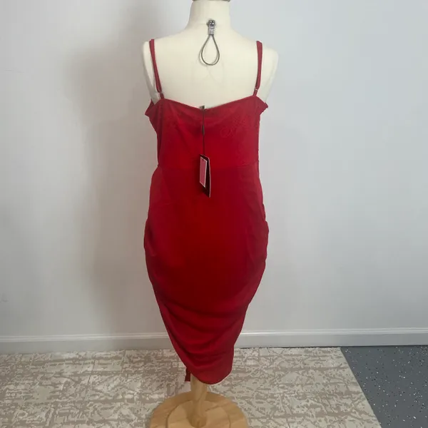 Pretty Little Thing Red Strappy Satin Gathered Midi Dress in Red - Image 10