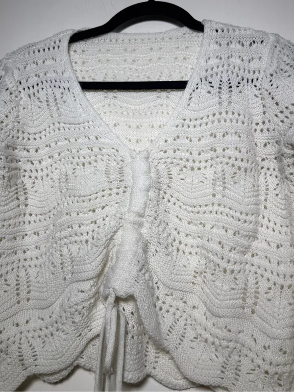 Source Unknown White Crochet Knit Tie-Front Cardigan Medium Cottage Core Bella Swan Festival - Image 2