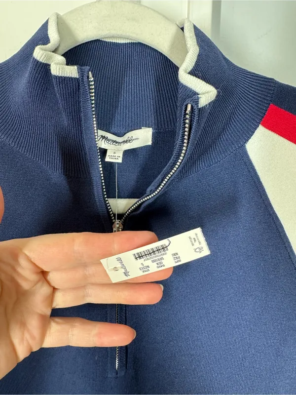 Madewell Womens Colorblock Quarter Zip Raglan Sweater Navy Red White Small NWT - Image 3