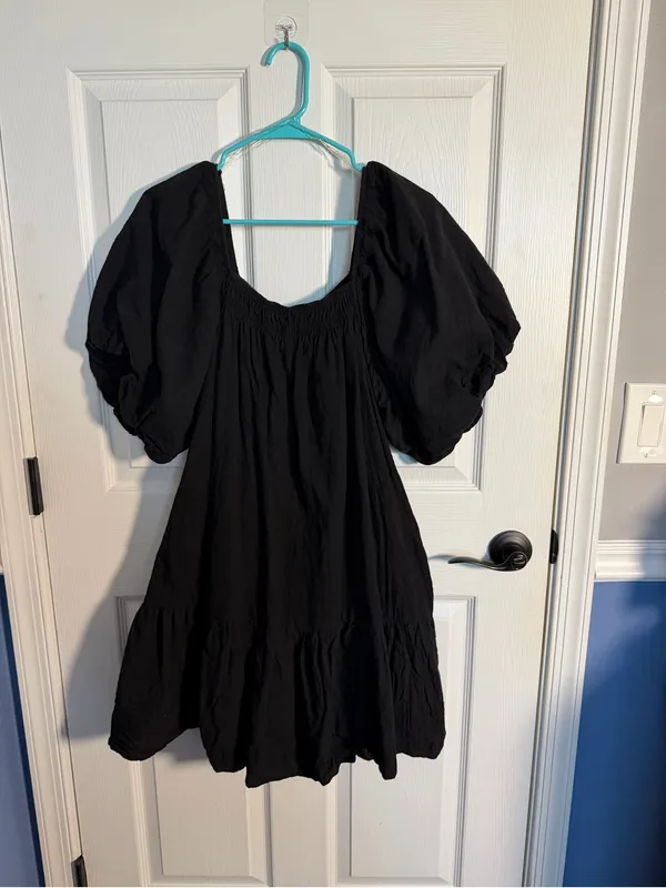 entro Black Smocked Waist Mini Dress with Puff Sleeves & Detailing Large - Image 2